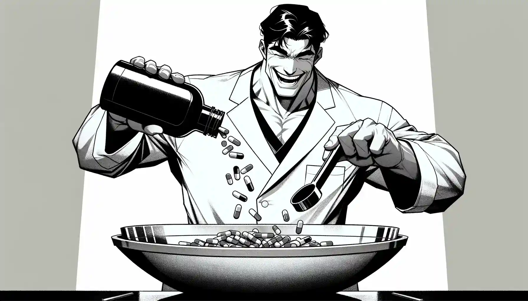 Comic eines muskulösen Chemikers, der Tabletten aus einer Flasche in eine große Schüssel schüttet